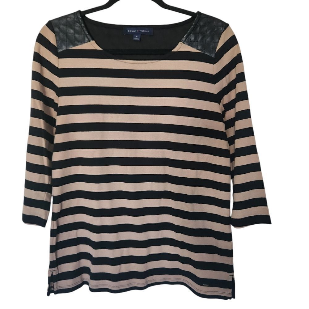 Tommy Hilfiger Womens 3/4 Sleeve Striped Faux Leather Detail Top Size Medium